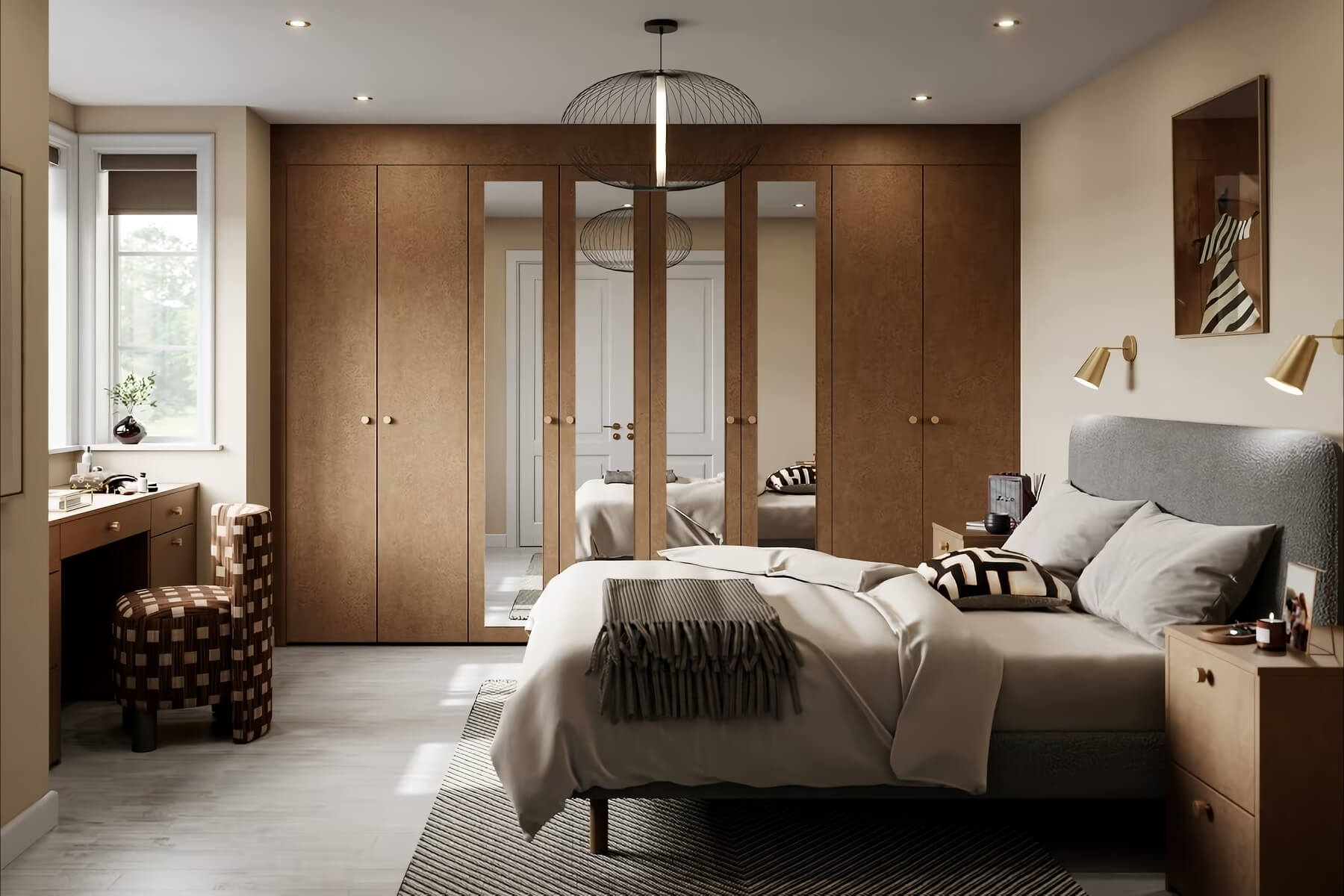 Bedroom with new built-in wardrobes and restored floorboards
