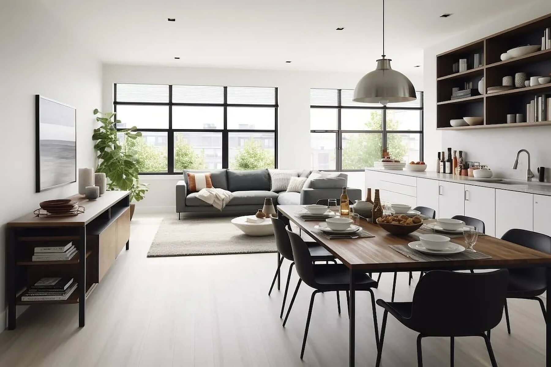 Open living room with leather sofa and plants