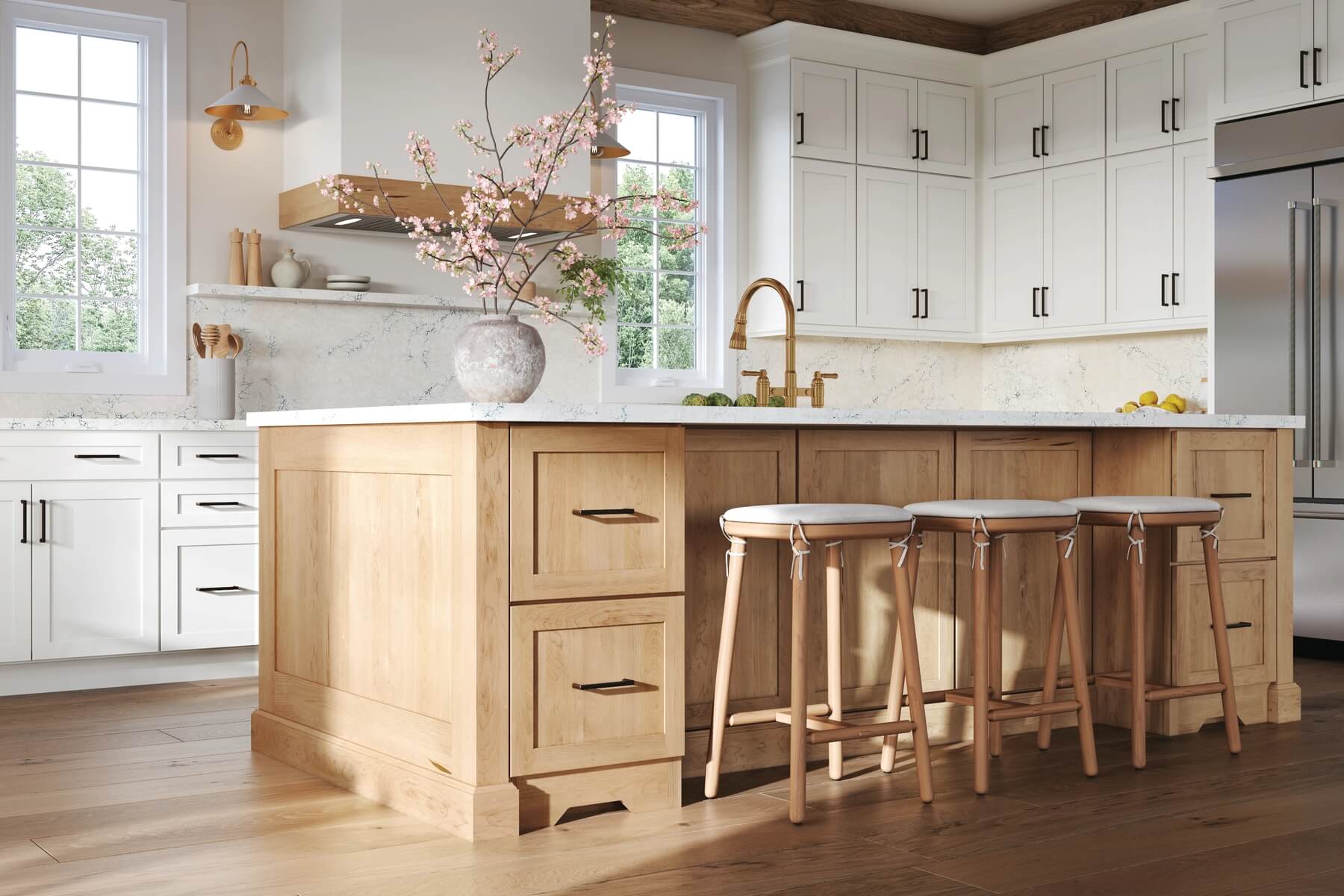 Kitchen with island and blossom branch